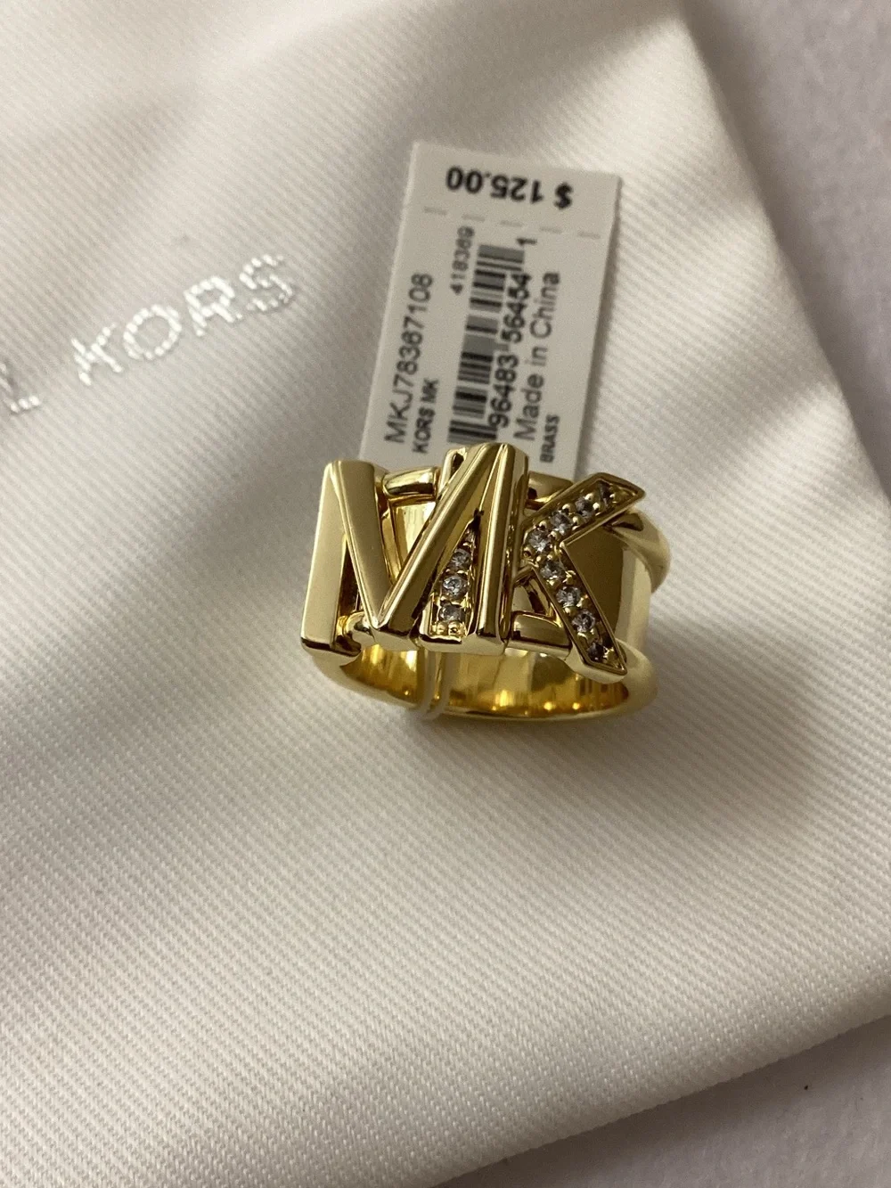 Michael Kors Faceted Mk Band Ring 14K Gold Plated Brass with Clear Stones